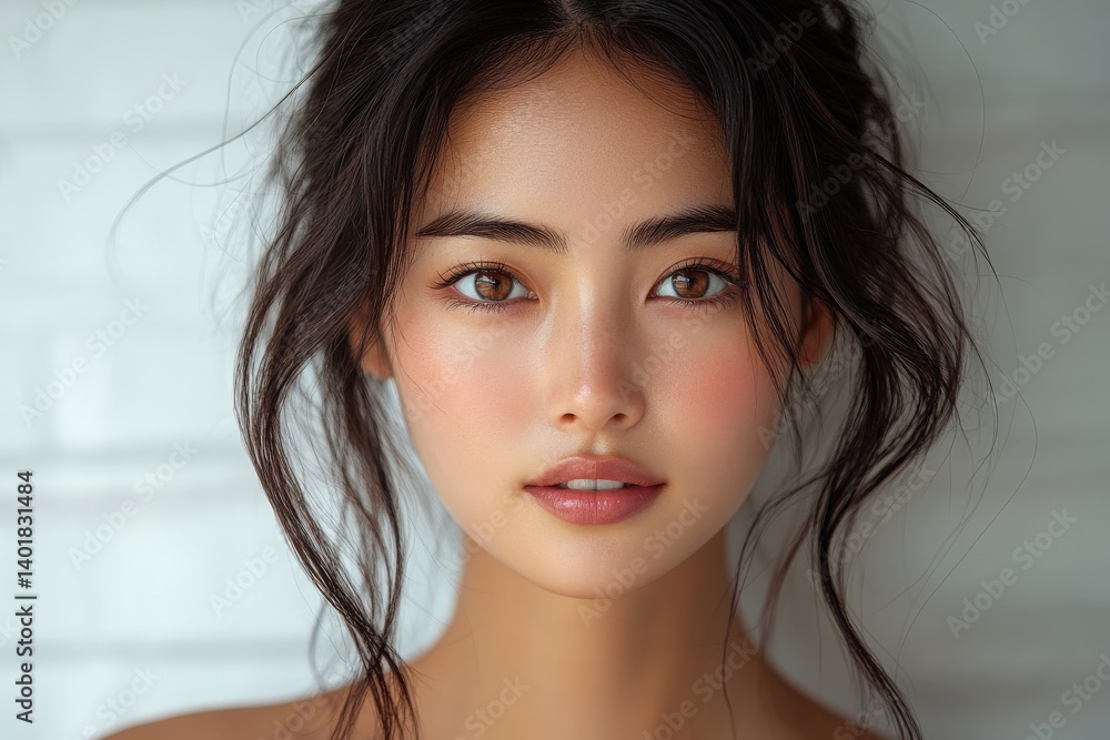 Naklejka premium Beautiful woman with delicate features and a soft, neutral background