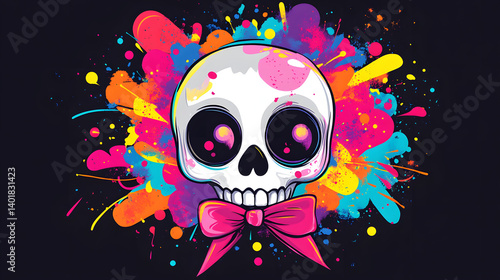 A skull with a pink bow on it
