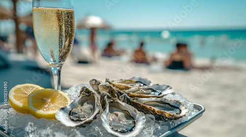 Refreshing Summer Feast with Champagne and Fresh Oysters by the Beach