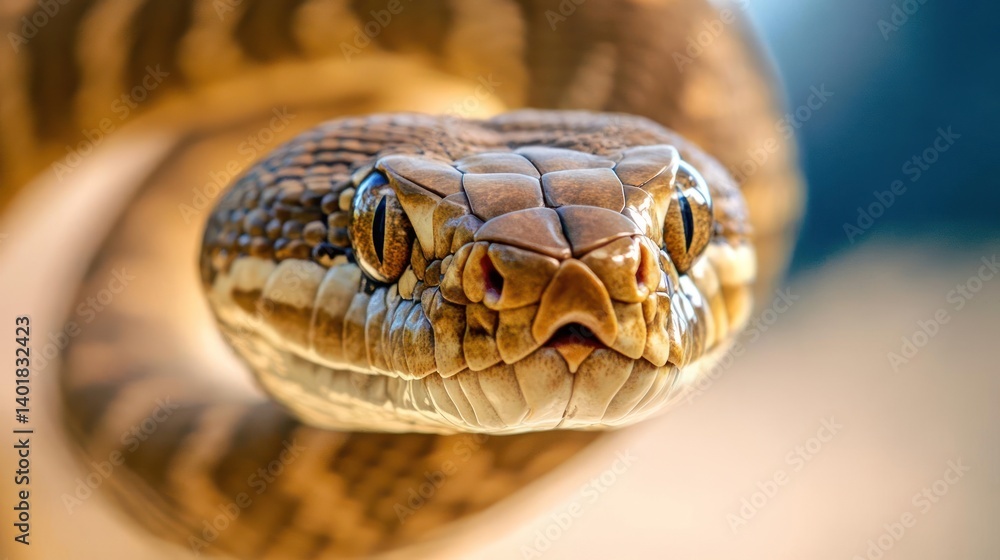 A close-up shot of a light brown python with intricate patterns, its eyes sharply focused, coiled against a softly blurred background highlighting the texture and details of the snake's scales A close-up shot of a light brown python with intricate patterns, its eyes sharply focused, coiled against a softly blurred background highlighting the texture and details of the snake's scales
