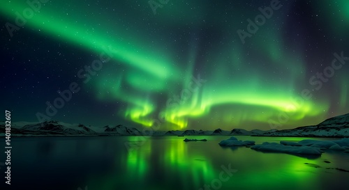 Wallpaper Mural Vibrant green aurora borealis dances across the night sky, reflected in the tranquil waters of a glacial lake surrounded by snowy mountains. Torontodigital.ca