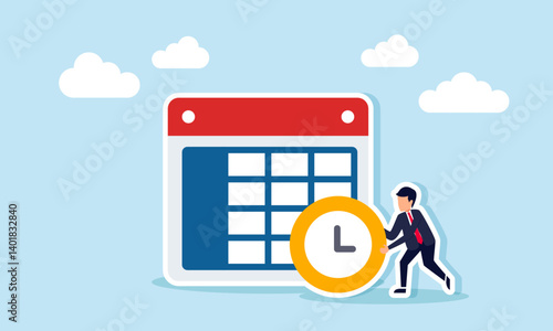 A businessman holds a clock next to a calendar, illustration of designing and organizing a business schedule