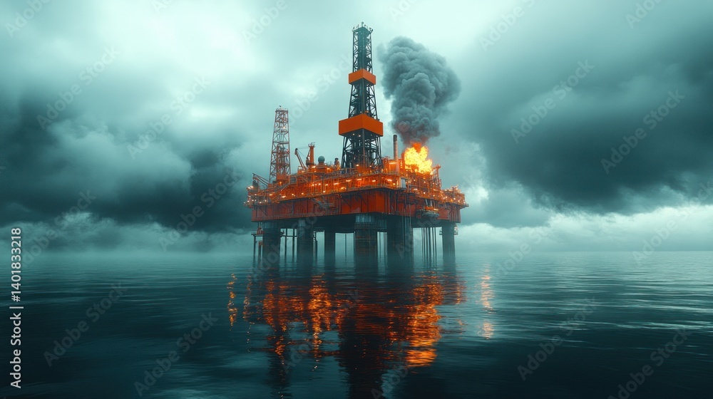 Obraz premium Oil Rig Inferno: A Dramatic Seascape of Disaster