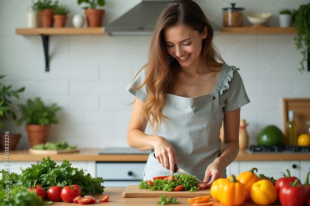 Woman Is Chopping Vegetables In A Bright Kitchen With Fresh Ingredients, Healthy Eating, Cooking At Home, Wellness Lifestyle, Nutritious Preparations Woman Is Chopping Vegetables In A Bright Kitchen With Fresh Ingredients, Healthy Eating, Cooking At Home, Wellness Lifestyle, Nutritious Preparations