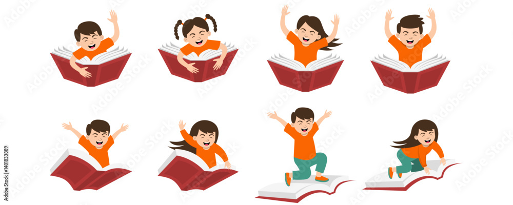 Kids Playing On a Book Illustration Set Kids Playing On a Book Illustration Set