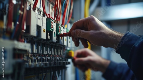 Electrician fixing a circuit breaker in a fuse box. Featuring technical expertise and focus
