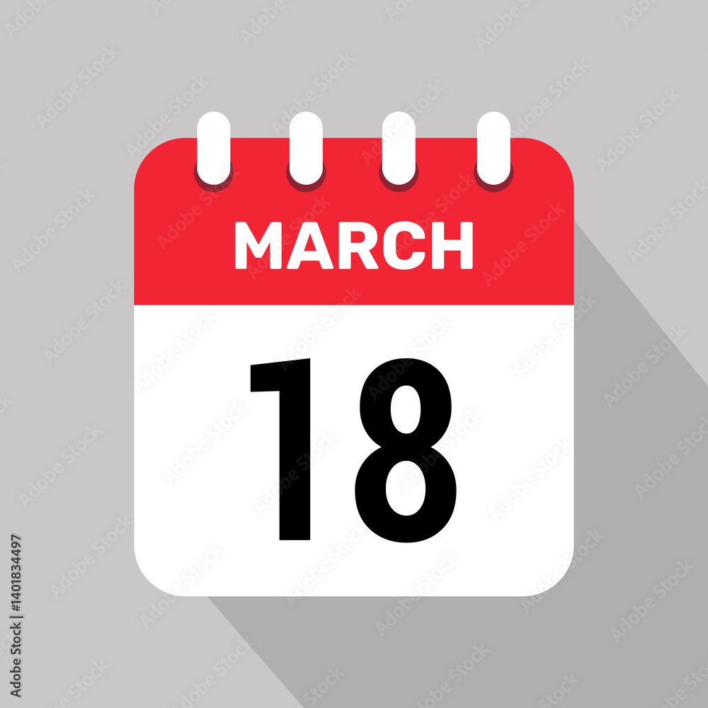 18 march calendar icon vector background. Vector schedule symbol. 18 march calendar icon vector background. Vector schedule symbol.