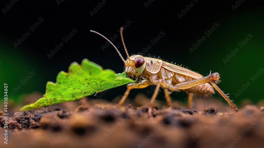 Close-up shot of a light brown grasshopper with red eyes standing on brown soil, holding a small green leaf. The background is a blurred gradient of dark green and black, highlighting the insect's Close-up shot of a light brown grasshopper with red eyes standing on brown soil, holding a small green leaf. The background is a blurred gradient of dark green and black, highlighting the insect's