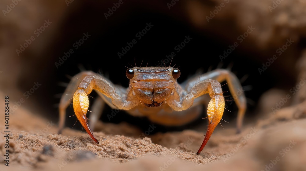 Macro shot of a crab emerging from a sandy burrow with reddish-orange claws and a textured carapace. The crab's posture suggests alertness and readiness, captured in a natural habitat setting Macro shot of a crab emerging from a sandy burrow with reddish-orange claws and a textured carapace. The crab's posture suggests alertness and readiness, captured in a natural habitat setting