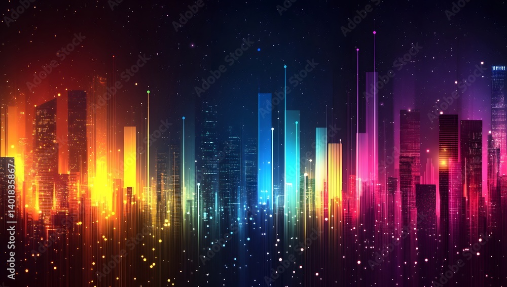 Abstract, colorful, glowing data science and technology background with a sound spectrum bar graph, night sky, Abstract, colorful, glowing data science and technology background with a sound spectrum bar graph, night sky,