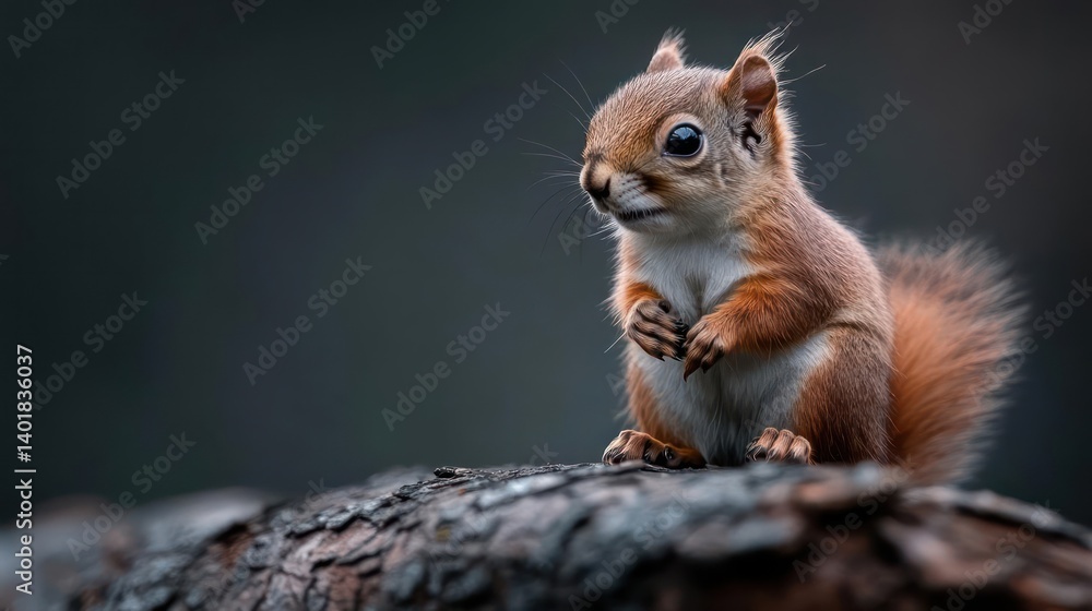 Close-up of a red squirrel perched on a branch. The squirrel has fluffy, reddish-brown fur and dark eyes and it's standing on a dark brown tree trunk with a blurred background. The image captures the Close-up of a red squirrel perched on a branch. The squirrel has fluffy, reddish-brown fur and dark eyes and it's standing on a dark brown tree trunk with a blurred background. The image captures the