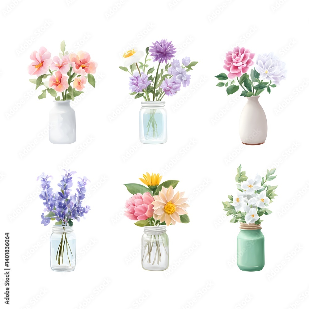 Obraz premium A set of cute watercolor floral bouquet, generation AI