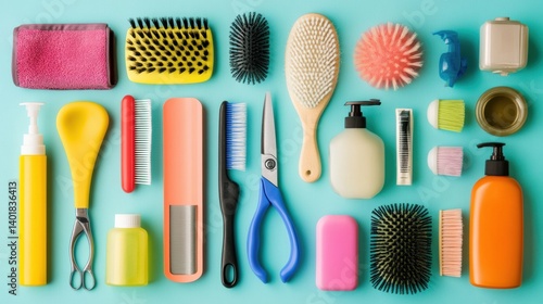 Pet grooming tools arranged neatly on colorful surface showcasing brushes, scissors, shampoos, and sprays for effective pet care