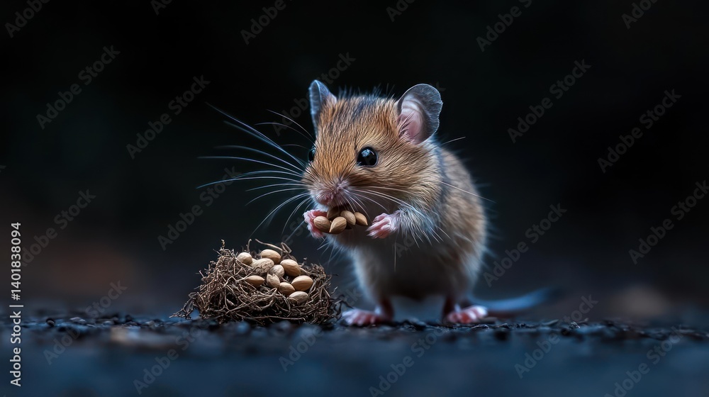 Close-up shot of a wild brown and white mouse eating some seed on black background. The mouse has big ears, small eyes, pink paw. The seeds are light brown, and appear to be in a small pile Close-up shot of a wild brown and white mouse eating some seed on black background. The mouse has big ears, small eyes, pink paw. The seeds are light brown, and appear to be in a small pile