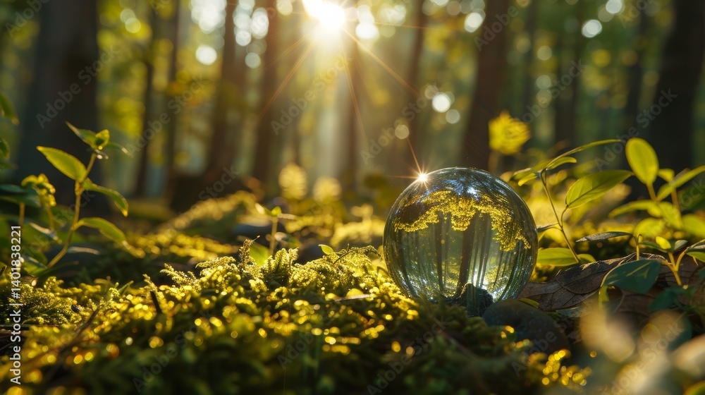Environment Concept, ball is surrounded by green grass and trees, creating a peaceful and serene atmosphere. The sunlight is shining on the ball Environment Concept, ball is surrounded by green grass and trees, creating a peaceful and serene atmosphere. The sunlight is shining on the ball