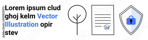 Tree inside a circle, signed contract document, and secured shield. Ideal for sustainability, data security, legal compliance, eco-friendly practices, digital safety, corporate responsibility flat