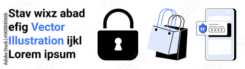 Lock, shopping bags, smartphone login with security notification. Ideal for e-commerce, data privacy, cybersecurity, online shopping, app security, authentication flat landing page banner