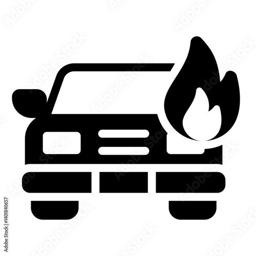 burning vehicle glyph icon with fire on car hood