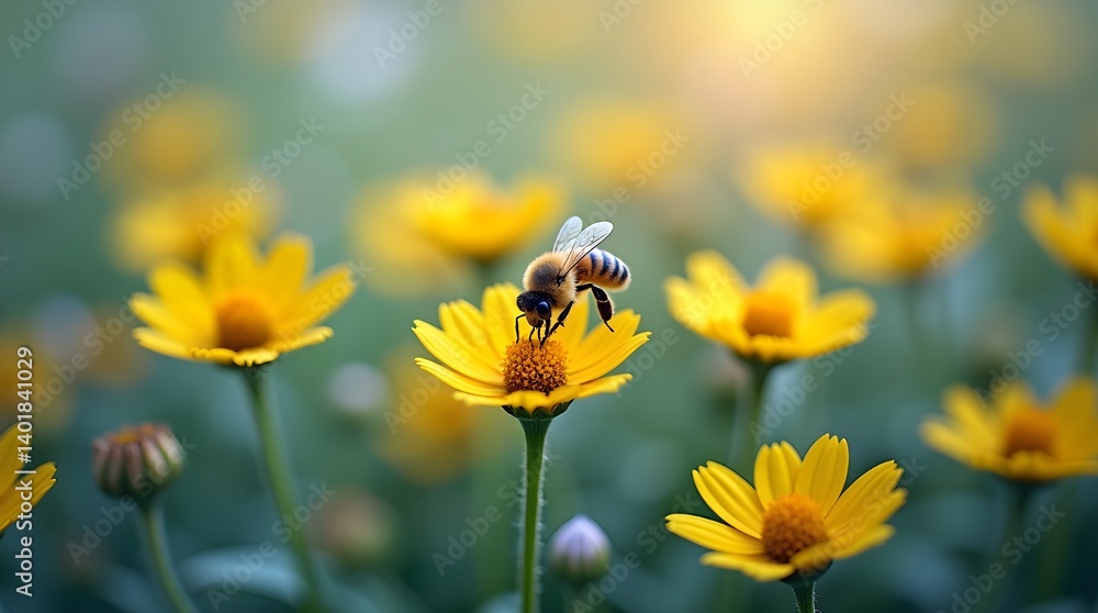 In a fairy garden, little yellow bright summer flowers and a bee stand out against a backdrop of green and blue greenery. creative image at a macro scale. format for a banner. In a fairy garden, little yellow bright summer flowers and a bee stand out against a backdrop of green and blue greenery. creative image at a macro scale. format for a banner.