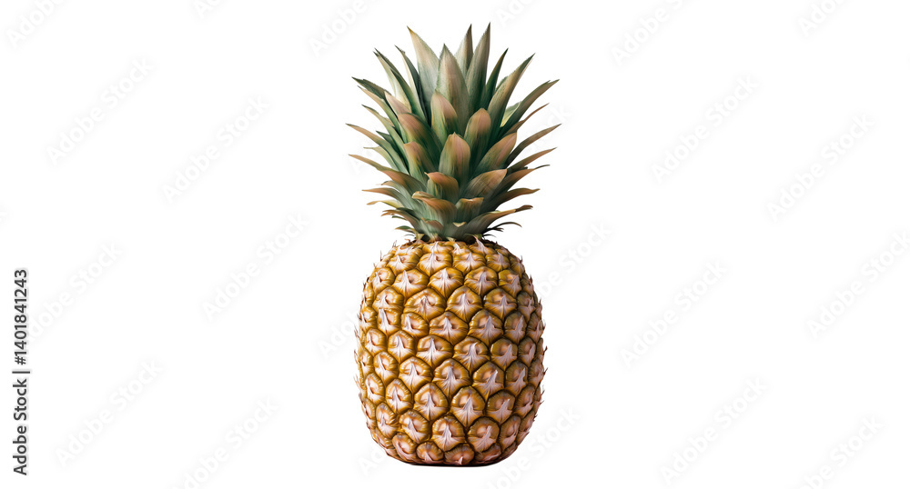 Fototapeta premium Fresh pineapple with crown, rich tropical texture and detailed surface perfect for cocktail or vacation visuals, isolated on white transparent background PNG cutout Mockup template for artwork design