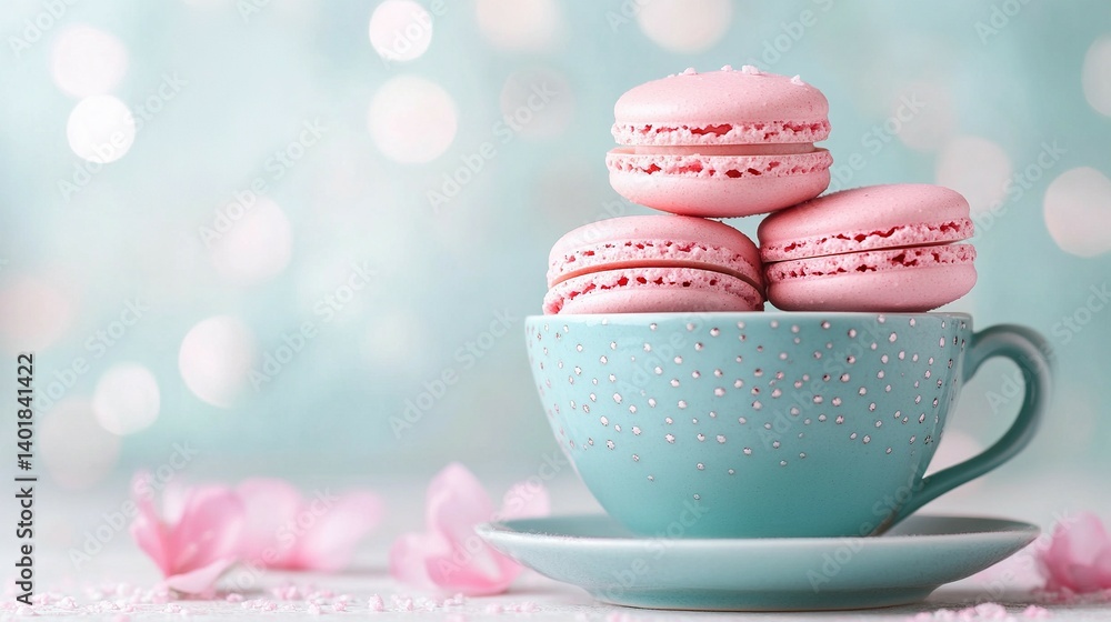 Delicate pink macarons stacked in a teal teacup. Delicate pink macarons stacked in a teal teacup.