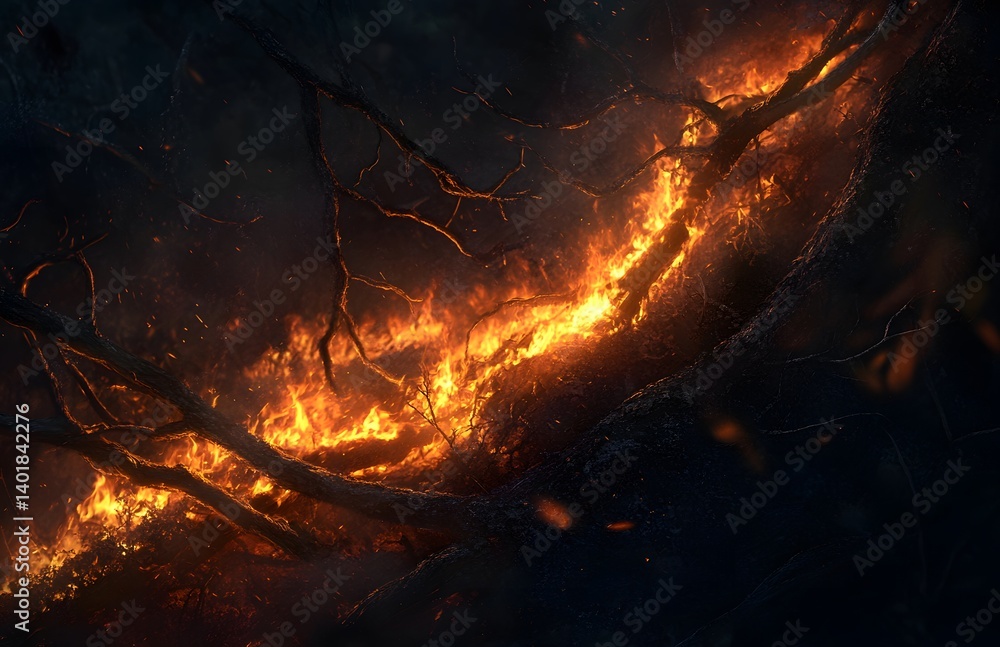 Close-up of a large fire, with flames reaching skyward and sticks and branches in the foreground, against a black background, at night.