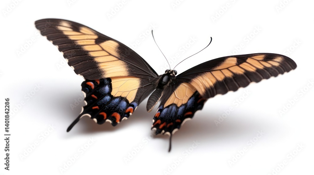 Detailed close-up of a butterfly featuring intricate black, golden yellow, and blue wing patterns against a stark white background, showcasing delicate antennae and a soft shadow beneath Detailed close-up of a butterfly featuring intricate black, golden yellow, and blue wing patterns against a stark white background, showcasing delicate antennae and a soft shadow beneath