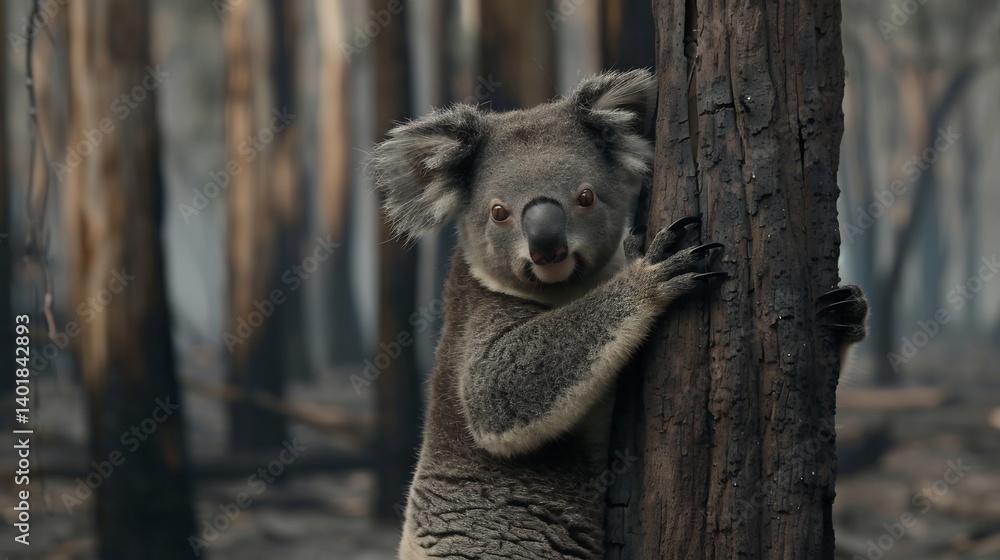Obraz premium Koala in a burned forest holding onto a single tree looking lost as smoke rises in the background