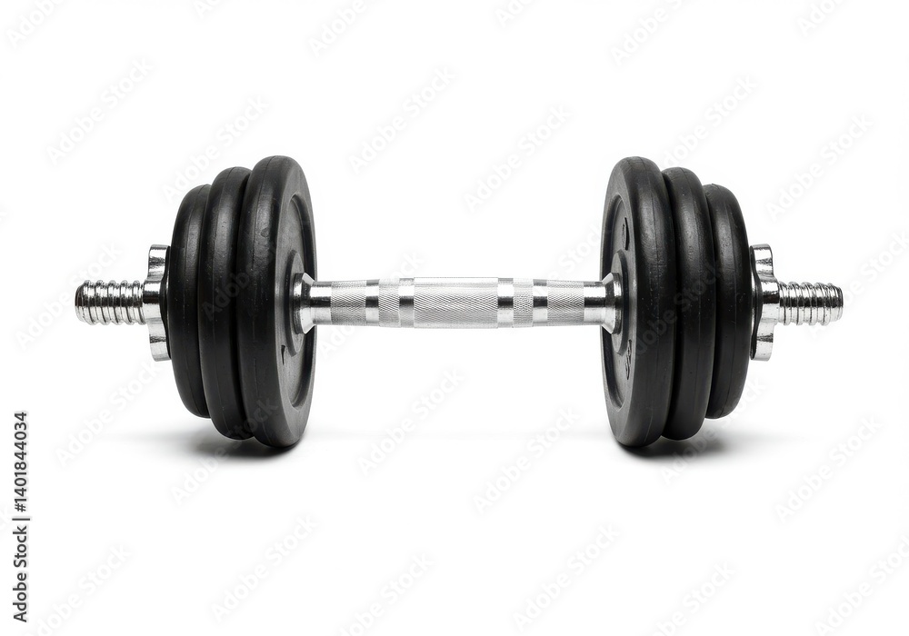 A dumbbell with black weights and a silver handle isolated on a white background studio shot image A dumbbell with black weights and a silver handle isolated on a white background studio shot image