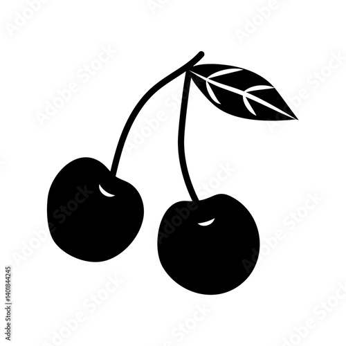 Black silhouette of two cherries with a leaf on a white background