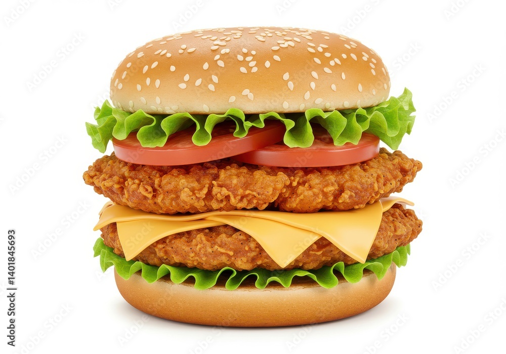 A double chicken burger with cheese tomato and lettuce on a sesame seed bun isolated on white background A double chicken burger with cheese tomato and lettuce on a sesame seed bun isolated on white background