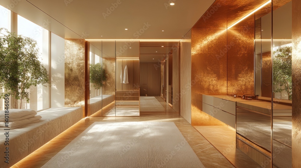 Obraz premium Luxurious Modern Dressing Room with Golden Accents and Natural Light
