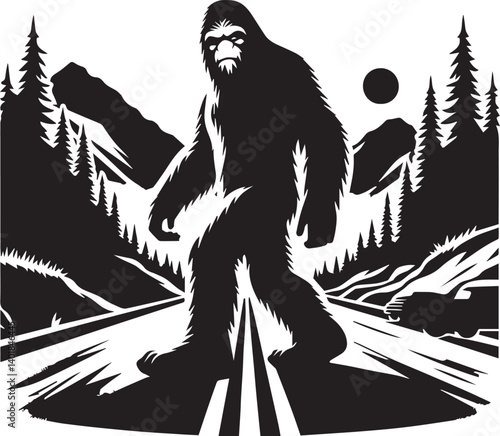 Bigfoot Yeti black and white on a hillside road silhouette vector design
