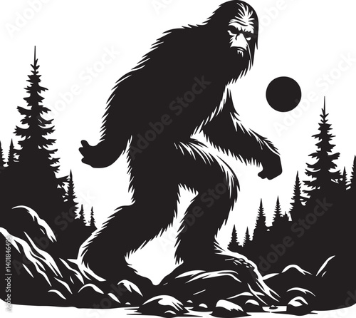 Bigfoot Yeti black and white silhouette vector design 
