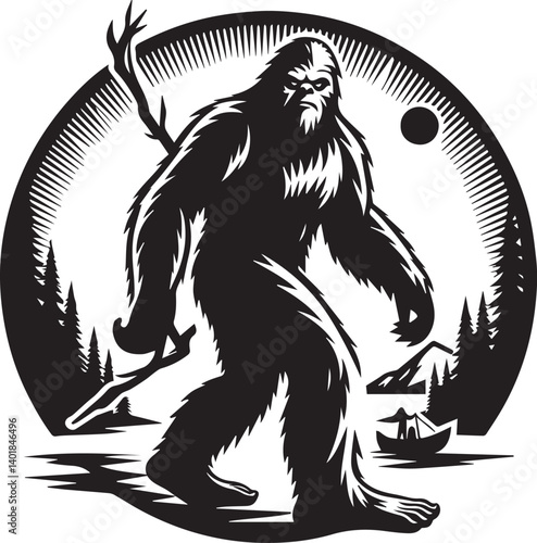 Bigfoot Yeti black and white silhouette vector design