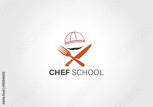 Chef School Logo with Hat, Mustache, and Cutlery Icons