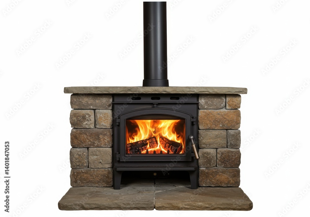 A close up of a wood burning stove with a stone surround and a black metal chimney pipe above it A close up of a wood burning stove with a stone surround and a black metal chimney pipe above it