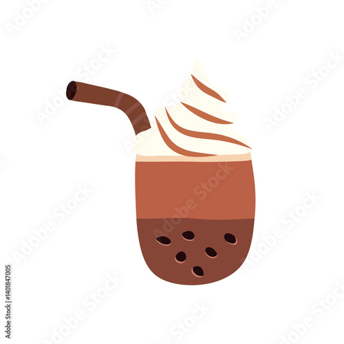 A hand draw illustration of bubble tea drink with Chocolate whipped cream