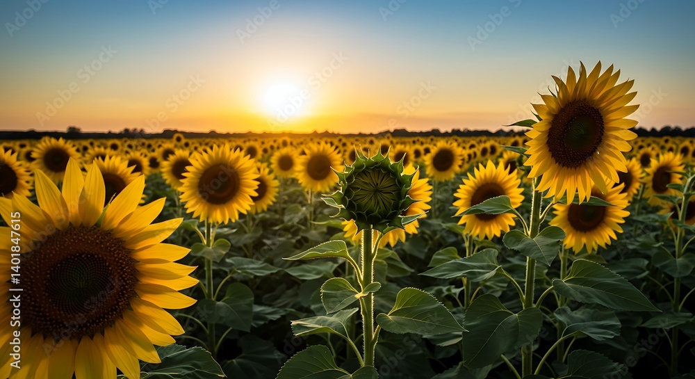 Fototapeta premium A vibrant sunflower field at sunset, with golden sunflowers 