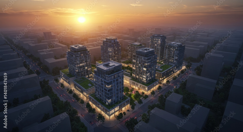 Obraz premium Aerial View of Modern City Buildings at Sunset