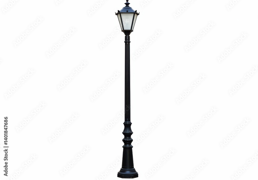 Obraz premium Isolated view of a black vintage street lamp with a white light on a white background image seen here
