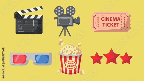 Movie night icons and element set. Cinema and film graphic collection. Movie theater essentials clipart illustration. Clapperboard, projector, ticket, 3D glasses, pop corn, three stars.