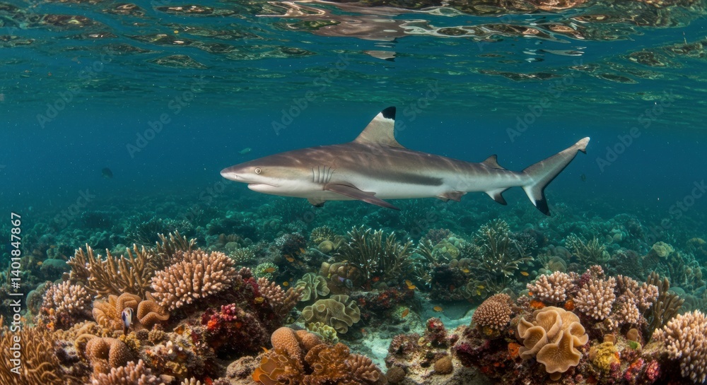 Fototapeta premium Blacktip Reef Shark Swimming Over Vibrant Coral Reef