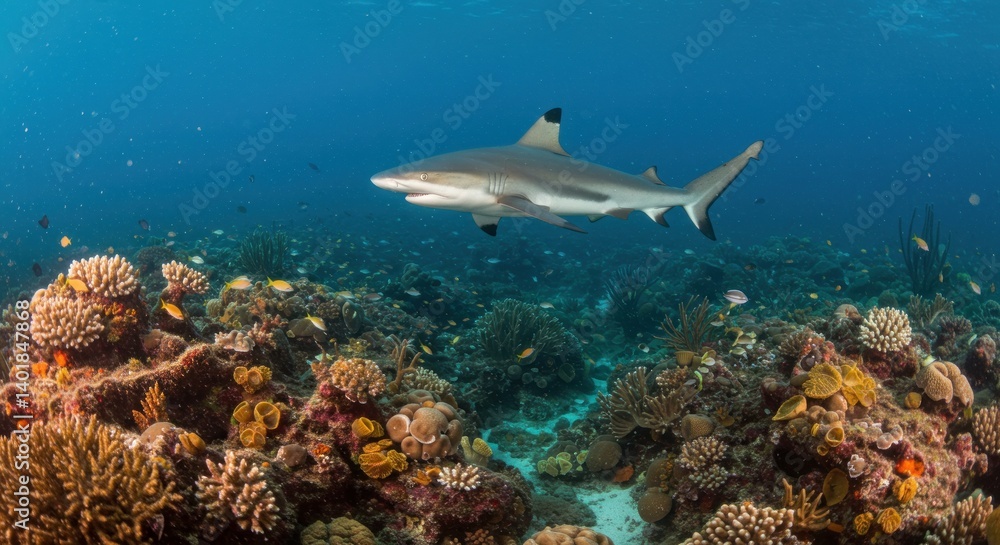 Fototapeta premium Blacktip Reef Shark Swimming Over Vibrant Coral Reef