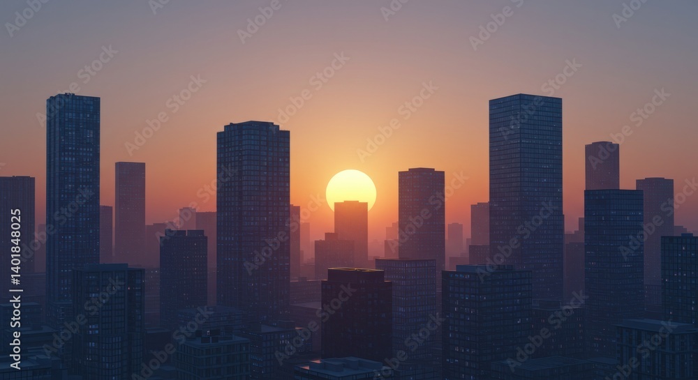 Fototapeta premium City Skyline at Sunset with Silhouetted Skyscrapers