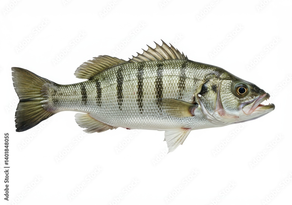 Fototapeta premium Isolated striped bass fish with open mouth and visible teeth on a plain white background view from the side