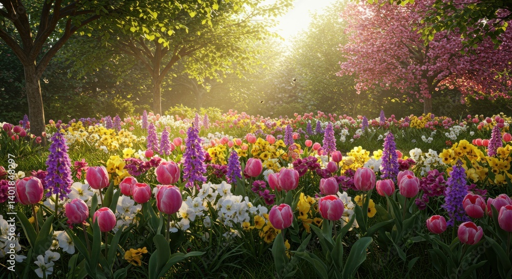 Obraz premium Colorful Spring Flowers and Cherry Blossoms at Sunrise