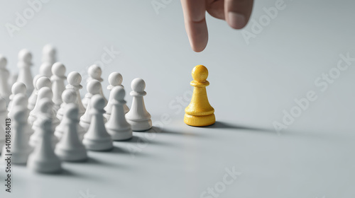 A hand reaches for a yellow chess pawn surrounded by white pawns, symbolizing strategy and decision-making in a game of chess.