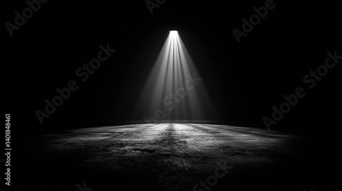 A dimly lit space with a single beam of light illuminating the ground, creating a dramatic contrast against the surrounding darkness.