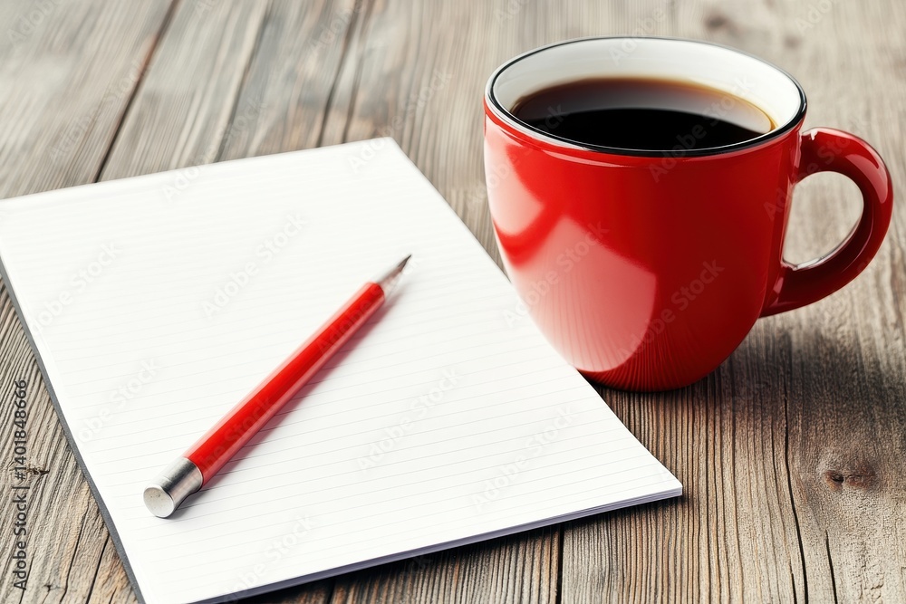 Coffee and notepad on a wooden table Coffee and notepad on a wooden table